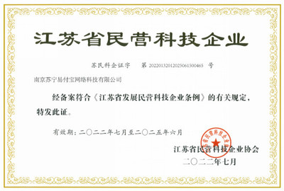 星圖金融旗下蘇寧支付榮獲&ldquo;江蘇省民營科技企業&rdquo;認定